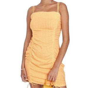Yellow Checkered Ruched Dress